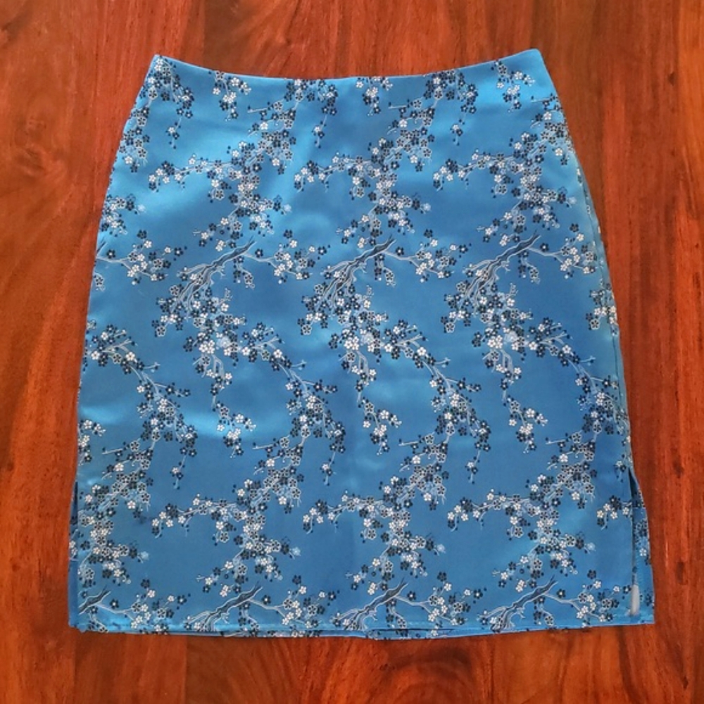 Vintage 90s Y2K Satin Cherry Blossom Skirt Blue Black White MEDIUM Kawaii - Picture 3 of 13